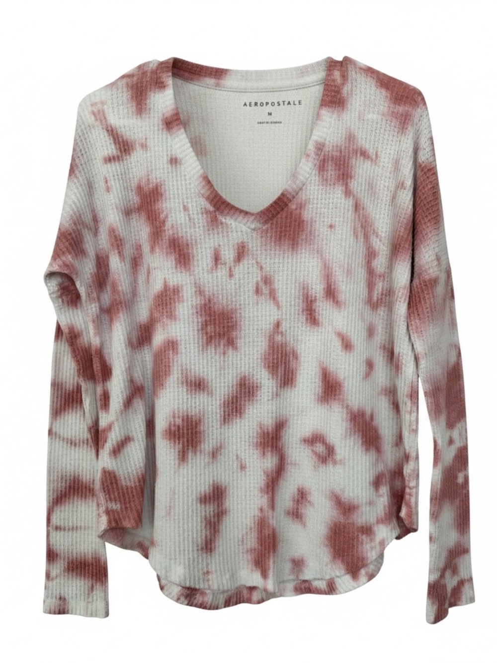 Aeropostale Women’s Pink and White Tie-Dye Waffle V-Neck Top - Size M